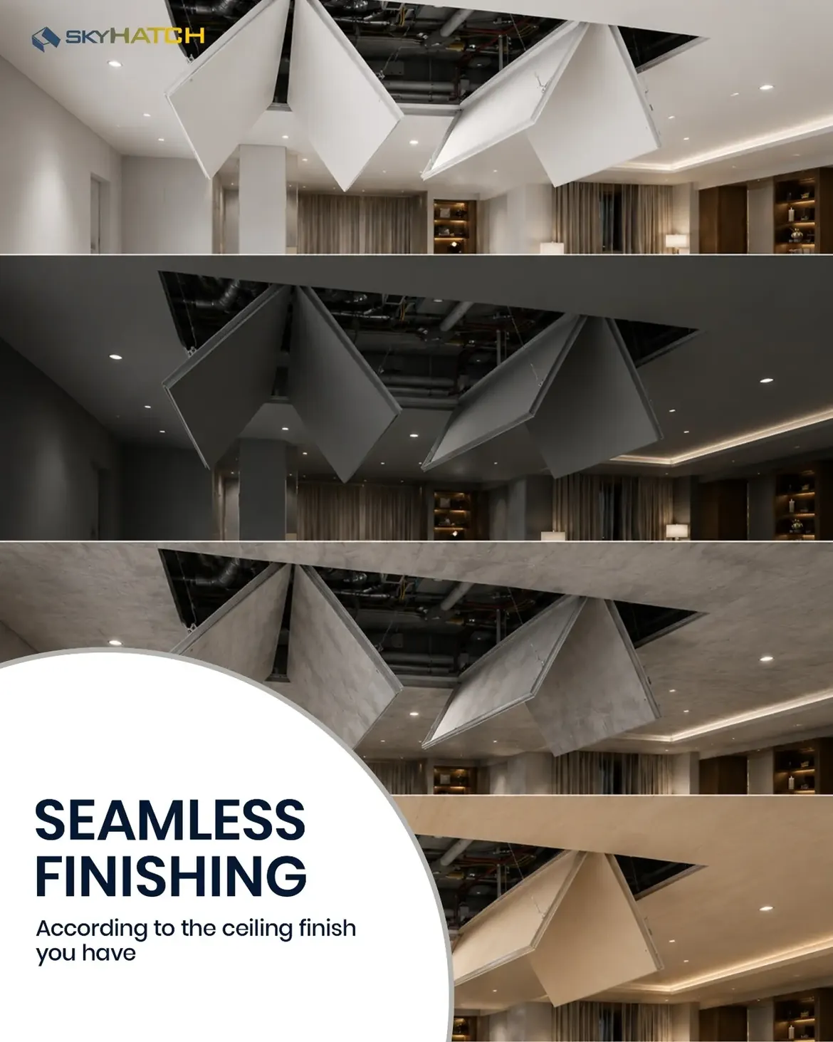 Aluminium ceiling trap doors with seamless finishing
